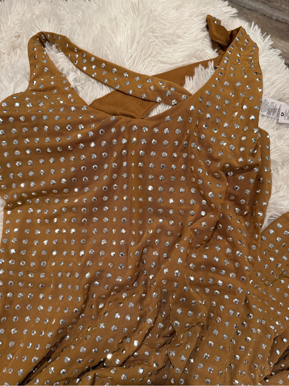 ASOS Design scooped halter neck midi dress in laser cut hot fix in tan - Picture 6 of 7